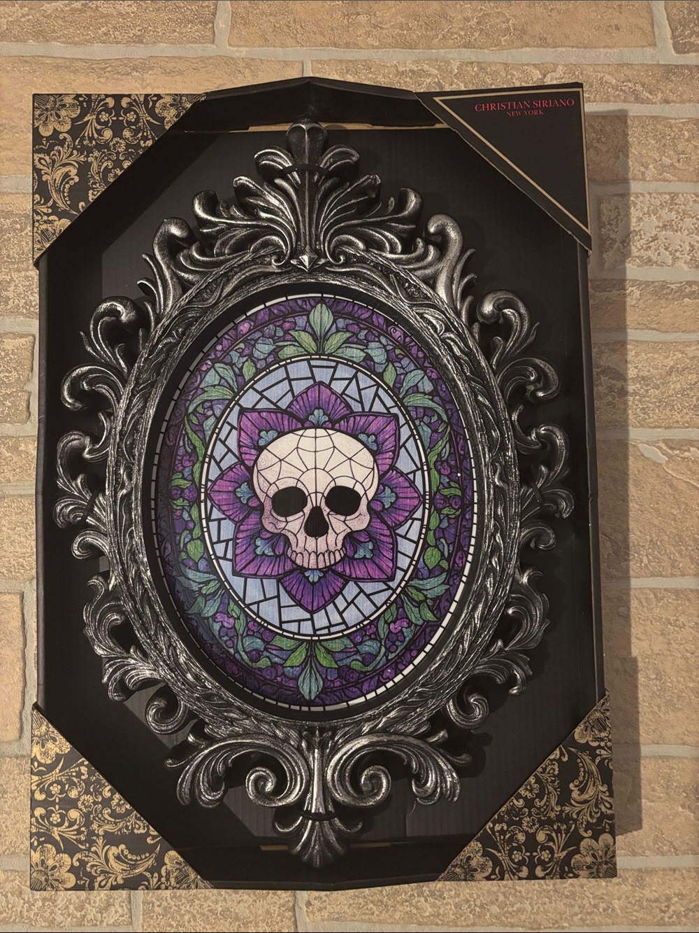 Viral Christian Siriano Purple, Black & Green Gothic Stained Glass Skull Plaque
